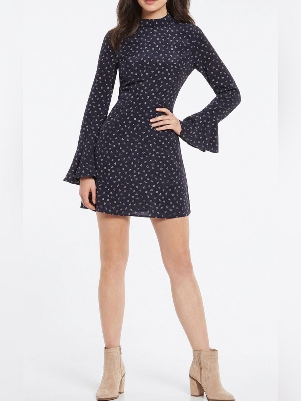 J.O.A. Los Angeles Micro Floral Mock Neck Mini Dress Flare Sleeve Navy Size S